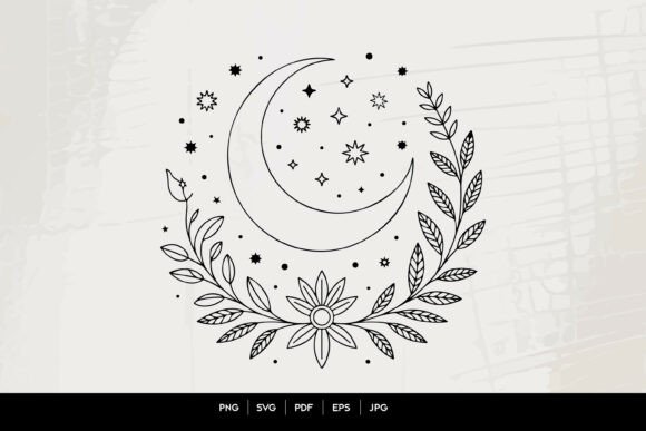 Download Celestial Moon Floral Line Art SVG - Line Collection