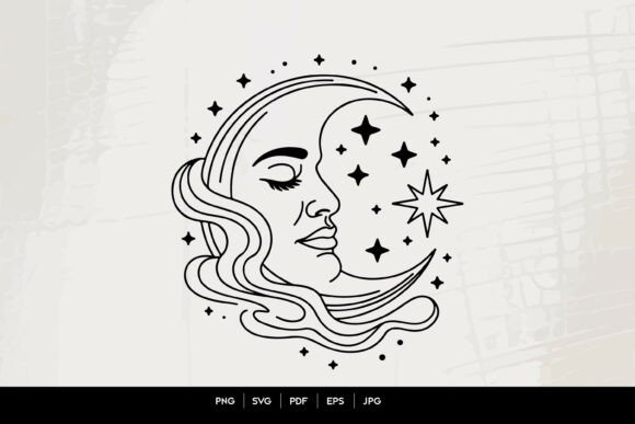 Download Celestial Moon Face Line Art SVG - Line Collection