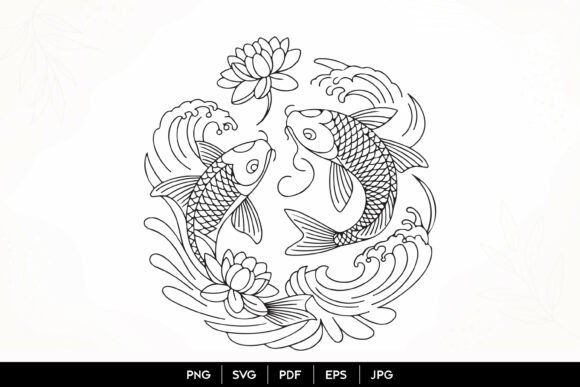 Download Koi Fish Lotus Line Art SVG - Line Collection