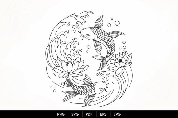 Download Koi Fish Lotus Wave Line Art SVGKoi Fish - Line Collection